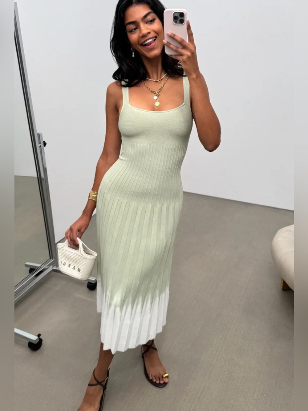 STAUD Tie Dye Ellison Green Pleated Midi Dress Size Medium - Picture 3 of 9